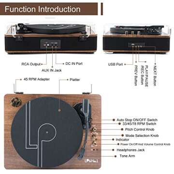 LP&No.1 Record Player with Stereo Speakers, 3-Speed Belt-Drive Turntable for Vinyl Records with Wireless Playback and Auto-Stop,Walnut Wood