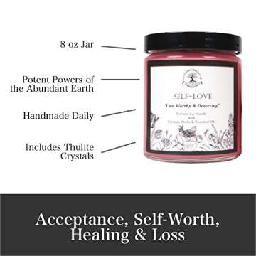 Self Love Affirmation Candle | 9 oz Natural Soy Wax | Pink Thulite Crystals, Herbs & Essential Oils | Acceptance, Self-Worth, & Forgiveness Rituals | Wiccan, Pagan, Spirituality