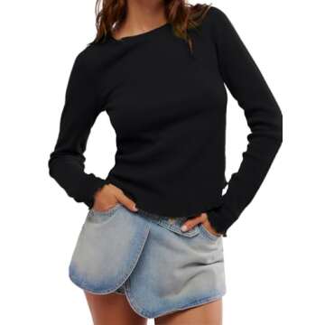 People Free Doop,Waffle Knit Tops for Women, Womens Long Sleeve Tops, Long Sleeve Fall Shirts,Black of Friday Deals