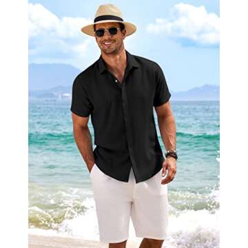 COOFANDY Men's Linen Shirts Short Sleeve Casual Shirts Button Down Shirt for Men Beach Summer Wedding Shirt Black