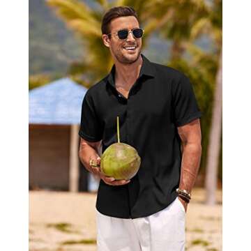 COOFANDY Men's Linen Shirts Short Sleeve Casual Shirts Button Down Shirt for Men Beach Summer Wedding Shirt Black