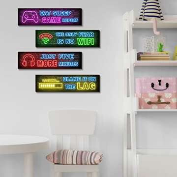 4 Pcs Printed Neon Gaming Posters, Teen Boys Room Decorations, gamer wall art Decor for bedroom Wooden