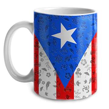 Lotacy Puerto Rico With Flag And Symbols Ceramic Mug, 11oz, Puerto Rico Souvenirs and Gifts, Gift Idea For Puerto Rican Men and Women, Born And Raised In Puerto Rico Gifts, White