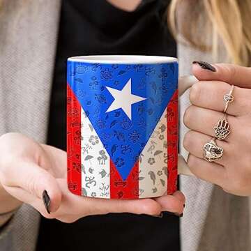 Lotacy Puerto Rico With Flag And Symbols Ceramic Mug, 11oz, Puerto Rico Souvenirs and Gifts, Gift Idea For Puerto Rican Men and Women, Born And Raised In Puerto Rico Gifts, White