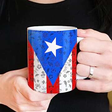 Lotacy Puerto Rico With Flag And Symbols Ceramic Mug, 11oz, Puerto Rico Souvenirs and Gifts, Gift Idea For Puerto Rican Men and Women, Born And Raised In Puerto Rico Gifts, White