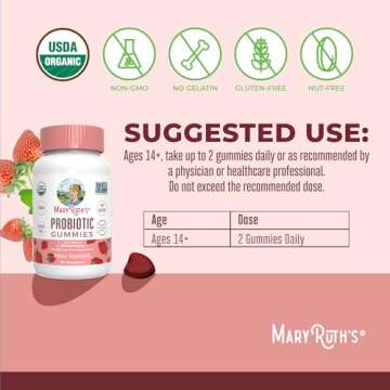 MaryRuth Organics USDA Organic Probiotic Gummies |Probiotics forWomen & Men Digestive Health & Gut Comfort Supplement 5 Billion CFU | Immune & Digestive Support | Vegan | Non-GMO | 60 Count