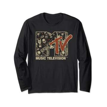 Mademark x MTV - MTV Rock n Roll Music Hard Heavy Metal Skull Guitar Vintage Long Sleeve T-Shirt