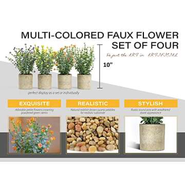 SUNPRAIRIE 10”H Antique Set of 4 Artificial Plants & Flowers - Multi-Colored Faux Plant in Rustic Gray Pots with Brown Pebbles – Maintenance Free Modern Plant Decor for Home and Office.