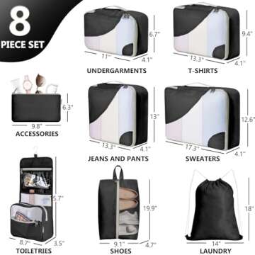 OlarHike 8 Set Packing Cubes for Travel, 4 Various Sizes(Extra Large,Large,Medium,Small), Luggage Organizer Bags for Travel Accessories Essentials, Travel Cubes for Carry on Suitcases (Black)