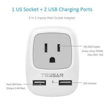 TESSAN Israel Power Adapter, Type H 3 Prong Grounded Travel Plug Adaptor with 2 USB Phone Charger 1 American Outlet for US to Israeli Palestine Jerusalem