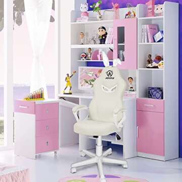 JOYFLY White Gaming Chair, Computer Gaming Chair for Girls Teens, Kawaii Gamer Chair PC Ergonomic Office Chair with PU Dirt-Resistant Leather(White-Bunny)