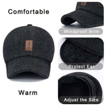 Winter for Men Outdoor Hat, Adjustable Warm Sport Golf Baseball Cap Hats Dad Caps Earflaps Thicken 55-60CM (Brown) (Cotton, Black)