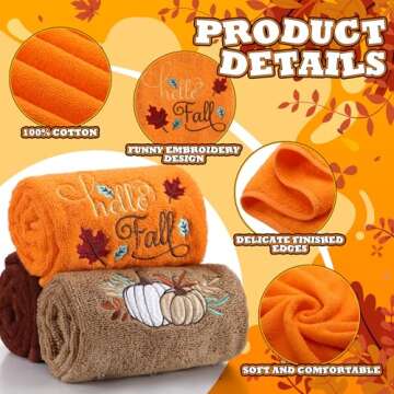 Fanfanwin 3 Pcs Fall Bath Hand Towels 13.8 x 29.5'' Embroidered Pumpkin Maple Fall Decorative Hand Towel 100% Cotton Thanksgiving Bathroom Towels Decor Housewarming Gifts(Orange and Brown,Pumpkin)