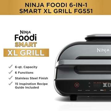 Ninja Indoor Grill, Foodi Smart XL 6-in-1 Indoor Grill with Air Fry, Roast, Bake, Broil & Dehydrate, Smart Thermometer, Black/Silver, FG551