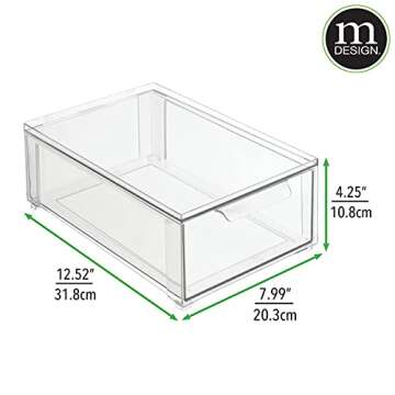 mDesign Plastic Pantry Organization and Storage Bin w/Pull Out Drawer - Shallow Stackable Kitchen Supplies Storage Container for Organizing Cabinet, Fridge, Freezer - Lumiere Collection - Clear