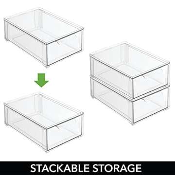 mDesign Plastic Pantry Organization and Storage Bin w/Pull Out Drawer - Shallow Stackable Kitchen Supplies Storage Container for Organizing Cabinet, Fridge, Freezer - Lumiere Collection - Clear