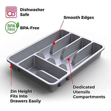 Mueller Flatware Kitchen Drawer Organizer, 10" x 13" Silverware Organizer, 6 Compartments, Heavy-Duty, Cutlery Tray for Utensils or Stuff, Dining Room, Living Room, Compact, Dark Grey