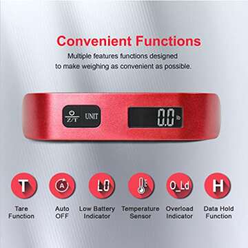 travel inspira Luggage Scale, Portable Digital Hanging Baggage Scale for Travel, Suitcase Weight Scale with Rubber Paint, 110 Pounds, Battery Included - Red