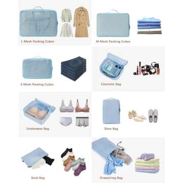 Packing Cubes, 8 Set Luggage Packing Organizers Travel Cubes Suitcase Organizer Bags Set for Travel Accessories, Blue