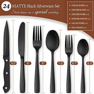 Hiware 24 Pieces Matte Black Silverware Set with Steak Knives for 4, Stainless Steel Flatware Utensils Set, Hand Wash Recommended