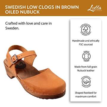 Lotta From Stockholm Swedish Low Wood Clog Sandal for Women | Low Heel Mary Jane Style Wooden Clogs Handcrafted in Sweden | Alder Wood Base and Oiled Nubuck Leather | Brown Size USA 10.5 EUR 42