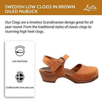 Lotta From Stockholm Swedish Low Wood Clog Sandal for Women | Low Heel Mary Jane Style Wooden Clogs Handcrafted in Sweden | Alder Wood Base and Oiled Nubuck Leather | Brown Size USA 10.5 EUR 42