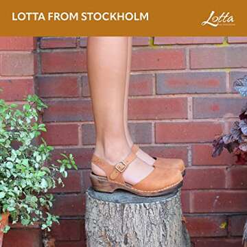 Lotta From Stockholm Swedish Low Wood Clog Sandal for Women | Low Heel Mary Jane Style Wooden Clogs Handcrafted in Sweden | Alder Wood Base and Oiled Nubuck Leather | Brown Size USA 10.5 EUR 42