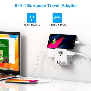 European Travel Plug Adapter, CELISY international Plug Adapter with 3 American Outlets and 3 USB Ports, Type C Travel Essentials for US to Most Europe EU Spain Italy France Germany