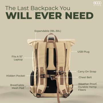 Lightweight Weatherproof Hemp Backpack with Anti-theft Pocket