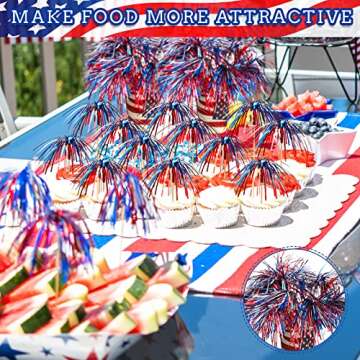 200 Pieces 4.7 Inch 4th of July Cupcake Toppers Firework Cocktail Picks Patriotic Foil Frill Toothpicks Independence Day Cupcake Toppers Foil Picks Food Decorative Toothpicks Cupcake Sticks for Topper