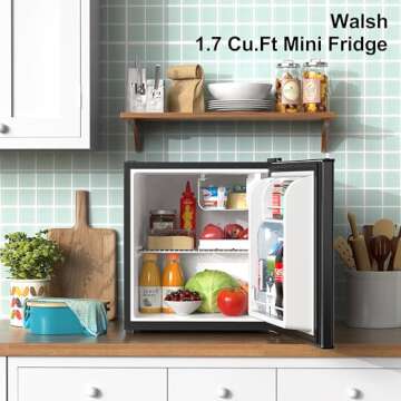 Walsh Compact Refrigerator, Single Door Mini Fridge, Energy Efficient, Adjustable Mechanical Thermostat with Chiller, Reversible Doors and Leveling Front Legs, 1.7 Cu Ft., Black