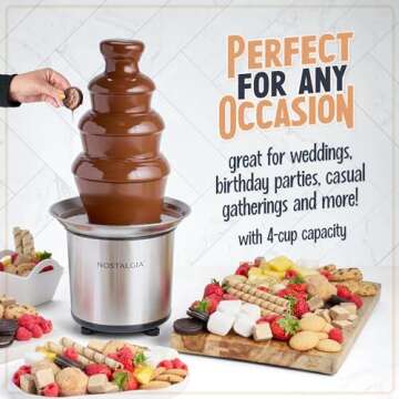 Nostalgia 4 Tier Electric Chocolate Fondue Fountain Machine for Parties - Melts Cheese, Queso, Candy, and Liqueur - Dip Strawberries, Apple Wedges, Vegetables, and More - 32-Ounce - Stainless Steel