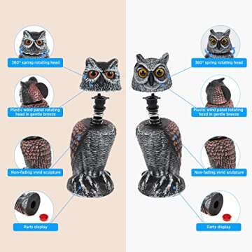 Hedoc 2 Pack Fake Owl Decoys to Scare Birds Away from Gardens and Patios, Rotating Head Owl Bird Deterrents, Nature Enemy Scarecrow Plastic Owl Statues, Pest Repellent, Pigeon Deterrent