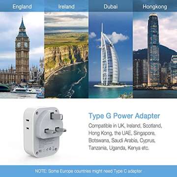 US to UK Plug Adapter 2 Pack, TESSAN Type G Travel Converter with 4 Outlets 3 USB Charger(1 USB C Port), Power Adaptor for USA to Ireland Scotland Dubai Hong Kong England British Kenya London