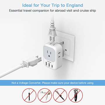 US to UK Plug Adapter 2 Pack, TESSAN Type G Travel Converter with 4 Outlets 3 USB Charger(1 USB C Port), Power Adaptor for USA to Ireland Scotland Dubai Hong Kong England British Kenya London