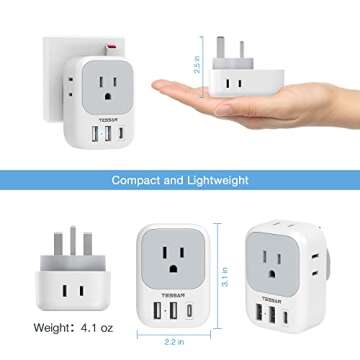 US to UK Plug Adapter 2 Pack, TESSAN Type G Travel Converter with 4 Outlets 3 USB Charger(1 USB C Port), Power Adaptor for USA to Ireland Scotland Dubai Hong Kong England British Kenya London