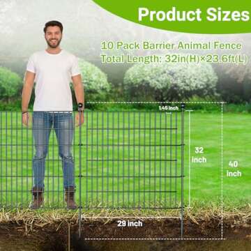 10 Panels No Dig Decorative Outdoor Garden Fence for Yard, 32 in(H) X 23.6 ft(L) Animal Barrier Fencing Rustproof Metal Wire Panel Border for Dog, Rabbits, and Patio Temporary Ground Stakes