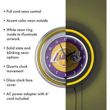 Lakers Chrome Double Ring Neon Clock - NBA Style