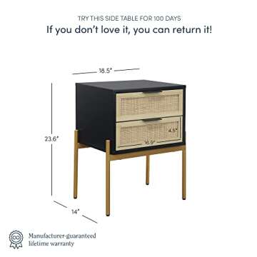 Nathan James Andrew Nightstand, Accent Bedside End Side Table with Storage Drawer, and Mid-Century Modern Legs for Living Room or Bedroom, 1, 14" D x 19" W x 24" H, Black/Cane/Gold