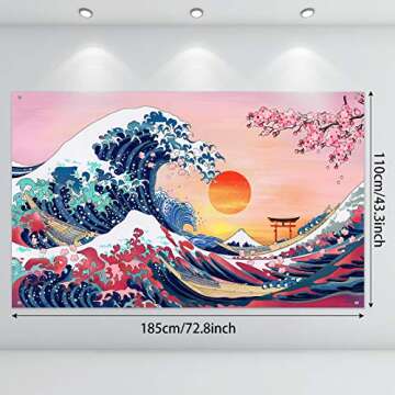 Ocean Wave Tapestry Japanese Kanagawa Backdrop Great Wave Tapestry Cherry Blossom Nature Sunset Background Wall Hanging Banner for Japanese Party Wall Home Decorations, 72.8 x 43.3 Inch