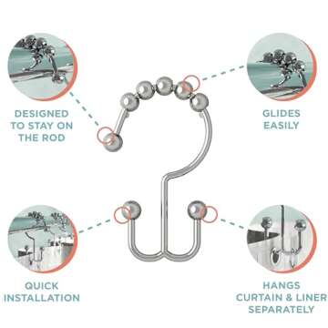 Maytex Shower Curtain Hooks, Chrome, Set of 12 – Premium Shower Curtain and Liner Rings with Double Roller Glide and Double-Sided Design – Rust Resistant Metal Shower Hooks for Bathroom Curtains