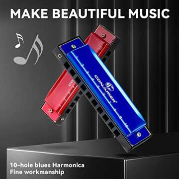 CONJURER Blues Harmonica for Kids Adult Beginners 10 Hole Diatonic Harmonica Key of C, Brass Reed Metal Mouth Organ C Key Blues Harp with Case, Blue