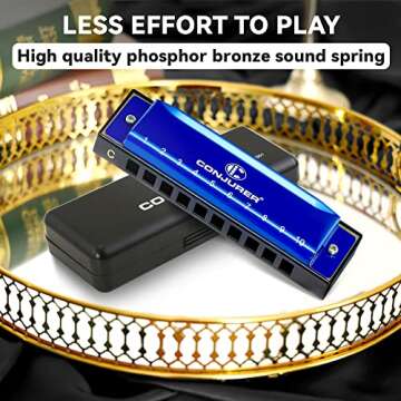 CONJURER Blues Harmonica for Kids Adult Beginners 10 Hole Diatonic Harmonica Key of C, Brass Reed Metal Mouth Organ C Key Blues Harp with Case, Blue