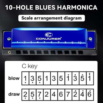 CONJURER Blues Harmonica for Kids Adult Beginners 10 Hole Diatonic Harmonica Key of C, Brass Reed Metal Mouth Organ C Key Blues Harp with Case, Blue