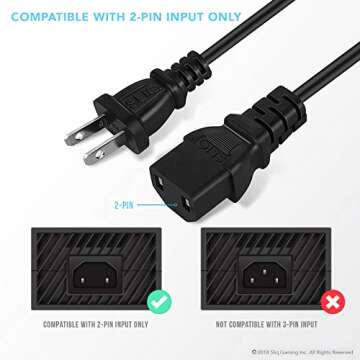 Sliq Gaming [UL Listed] 2 Prong AC Power Cable Cord - for Xbox One Original, Xbox 360 E, PlayStation 3 & PS4 Slim & Pro (6 Feet)