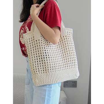 ENBEI Women's Beach Tote Bag, Crocheted Knit Hollow Design, Stylish & Spacious Tote for Beach,Travel,and Everyday Use,Cute Aesthetic Summer Handbag (white)