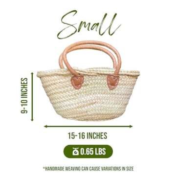 purifyou French Market Basket Bag, Small (14x7) Handmade Moroccan Seagrass Basket Straw Bags For Summer, Market, Beach, Laundry, & Picnic Wicker Basket