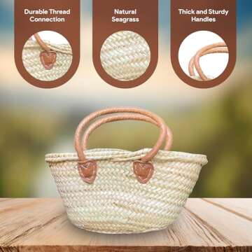 purifyou French Market Basket Bag, Small (14x7) Handmade Moroccan Seagrass Basket Straw Bags For Summer, Market, Beach, Laundry, & Picnic Wicker Basket