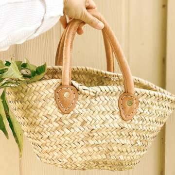 purifyou French Market Basket Bag, Small (14x7) Handmade Moroccan Seagrass Basket Straw Bags For Summer, Market, Beach, Laundry, & Picnic Wicker Basket