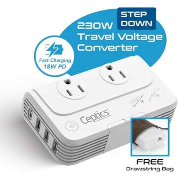 Ceptics South Africa Voltage Converter - 200W Convert 220V to 110V for Devices Like Curling Iron, Straightener, Chargers, Step Down World Power Plug 4 USB PD 18W Fast Charging Type M, G, E/F